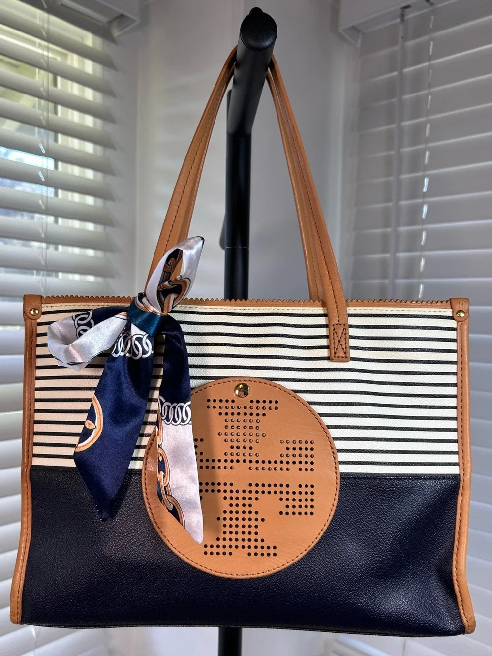 Tory Burch Ella Viva Leather Tote in the distinctive Navy Stripes & Shine design